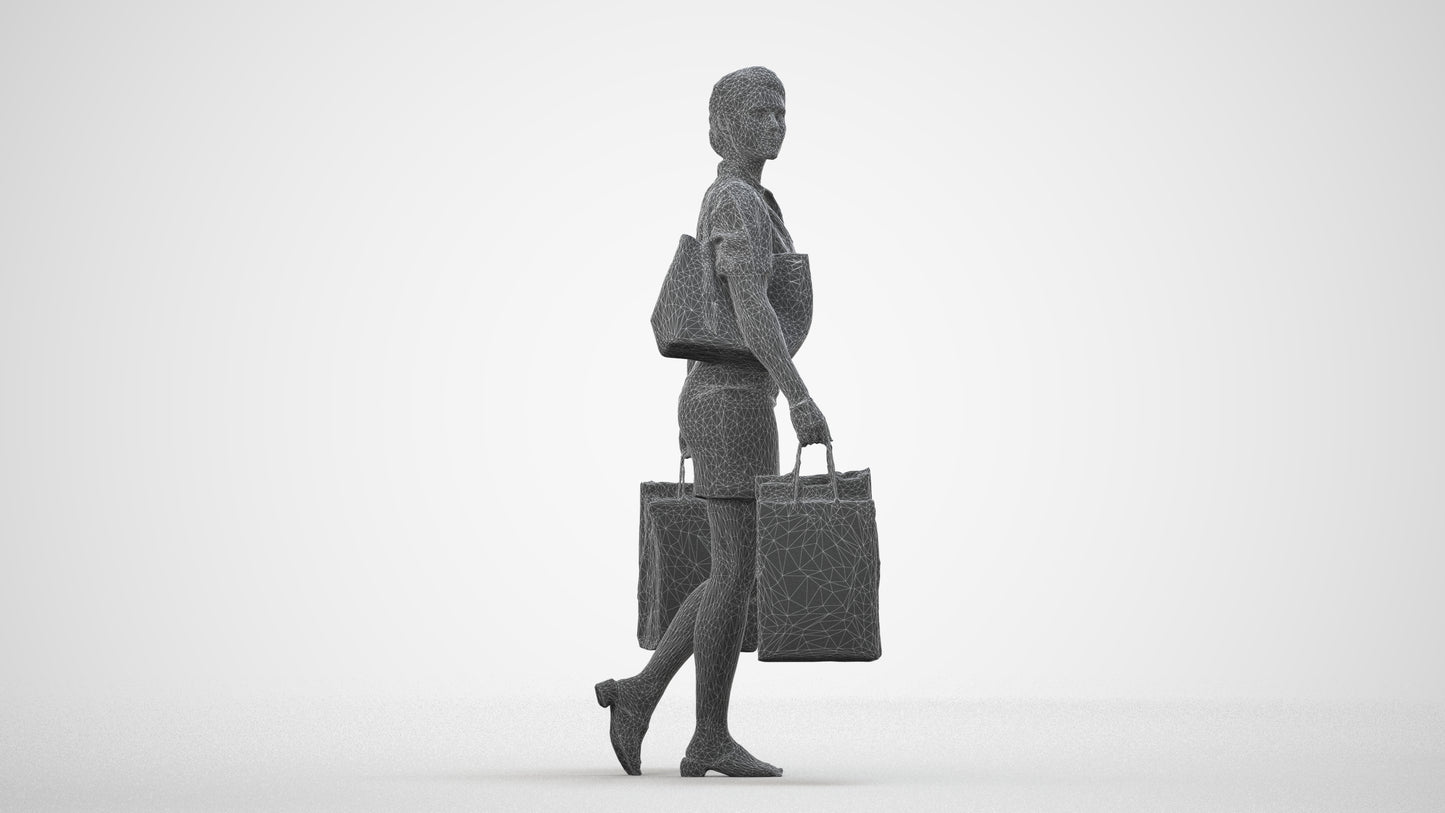 realistic 3D woman casual shopping, scanned archviz people for Blender and 3ds Max, wireframe side view