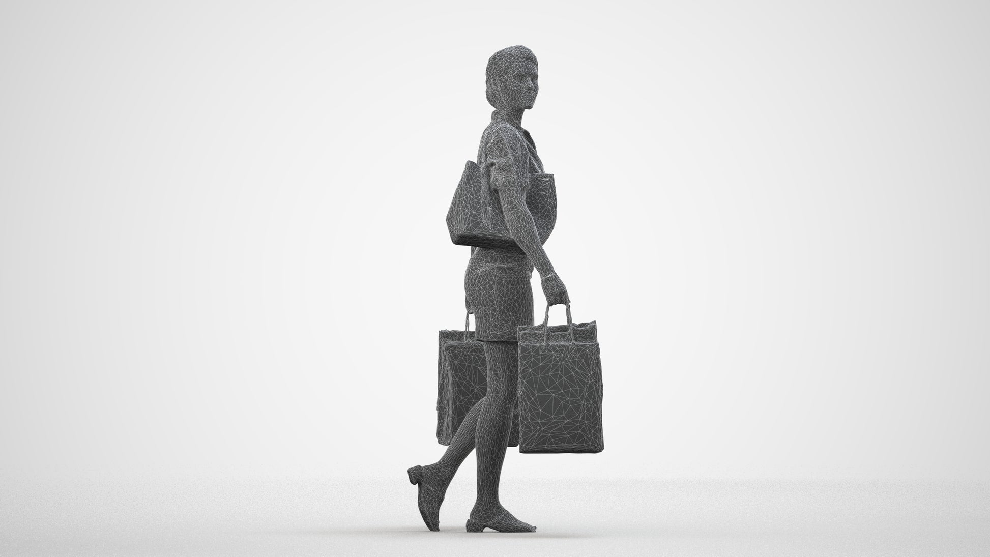 realistic 3D woman casual shopping, scanned archviz people for Blender and 3ds Max, wireframe side view