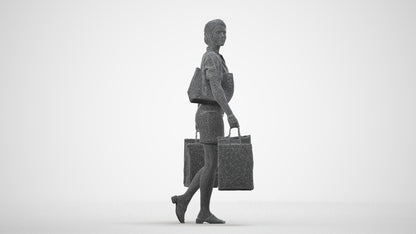 realistic 3D woman casual shopping, scanned archviz people for Blender and 3ds Max, wireframe side view