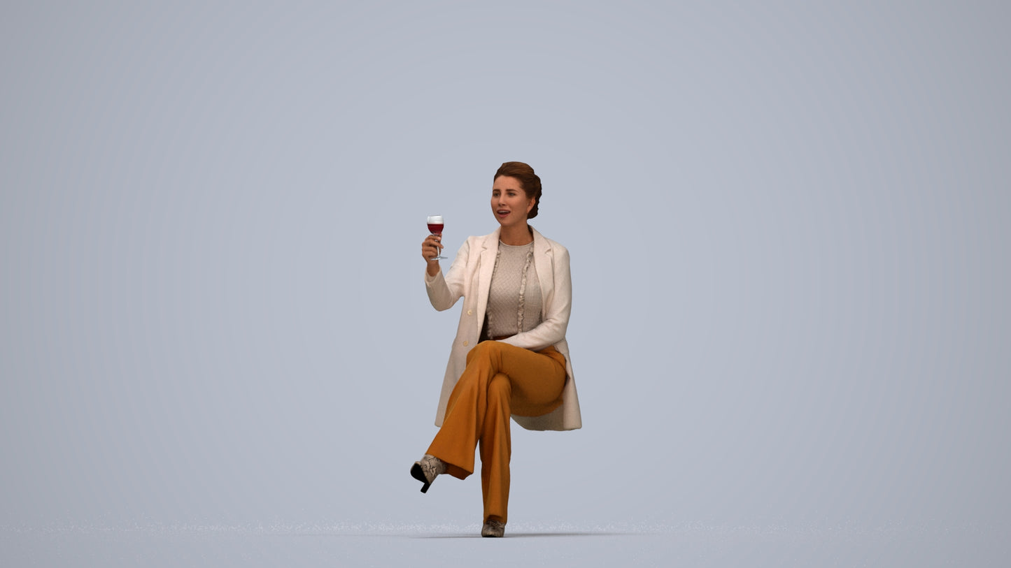 3D human model woman business sitting, photogrammetry scanned person for archviz, top-down view render