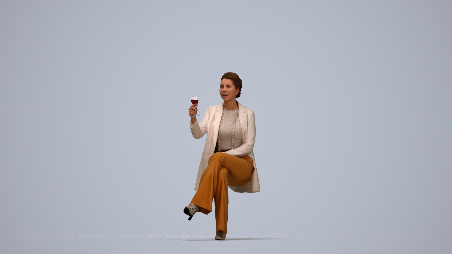 3D human model woman business sitting, photogrammetry scanned person for archviz, top-down view render