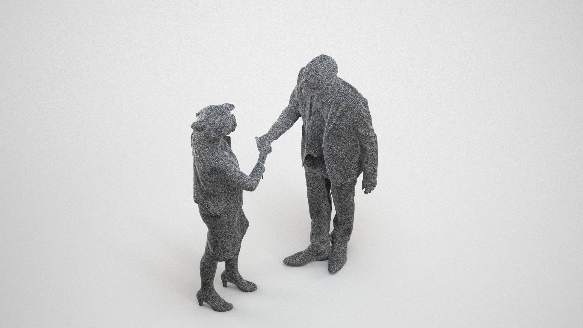 3D human model senior woman business, photogrammetry scanned person for archviz, wireframe three-quarter view