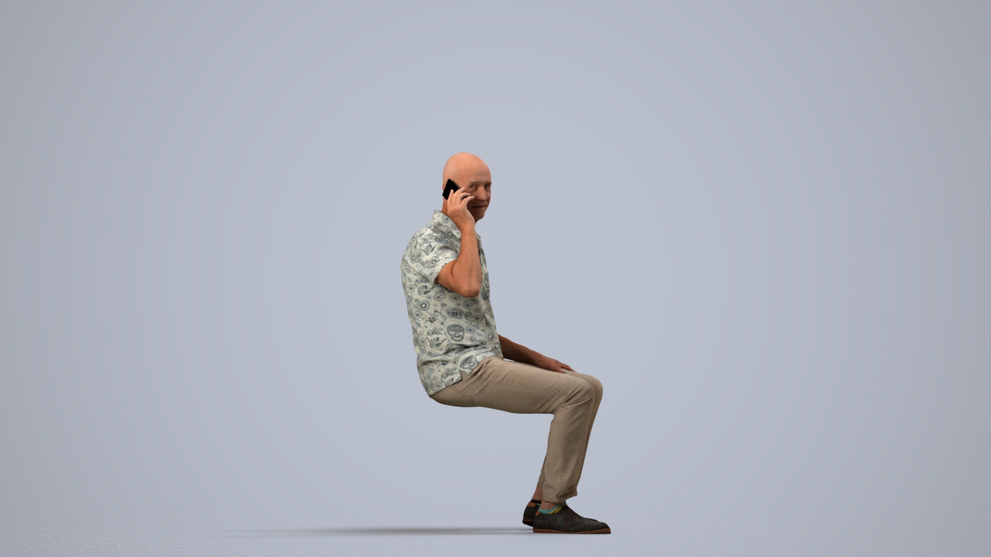 3D scanned senior man sitting casual, photorealistic archviz people for Enscape and SketchUp, side view render