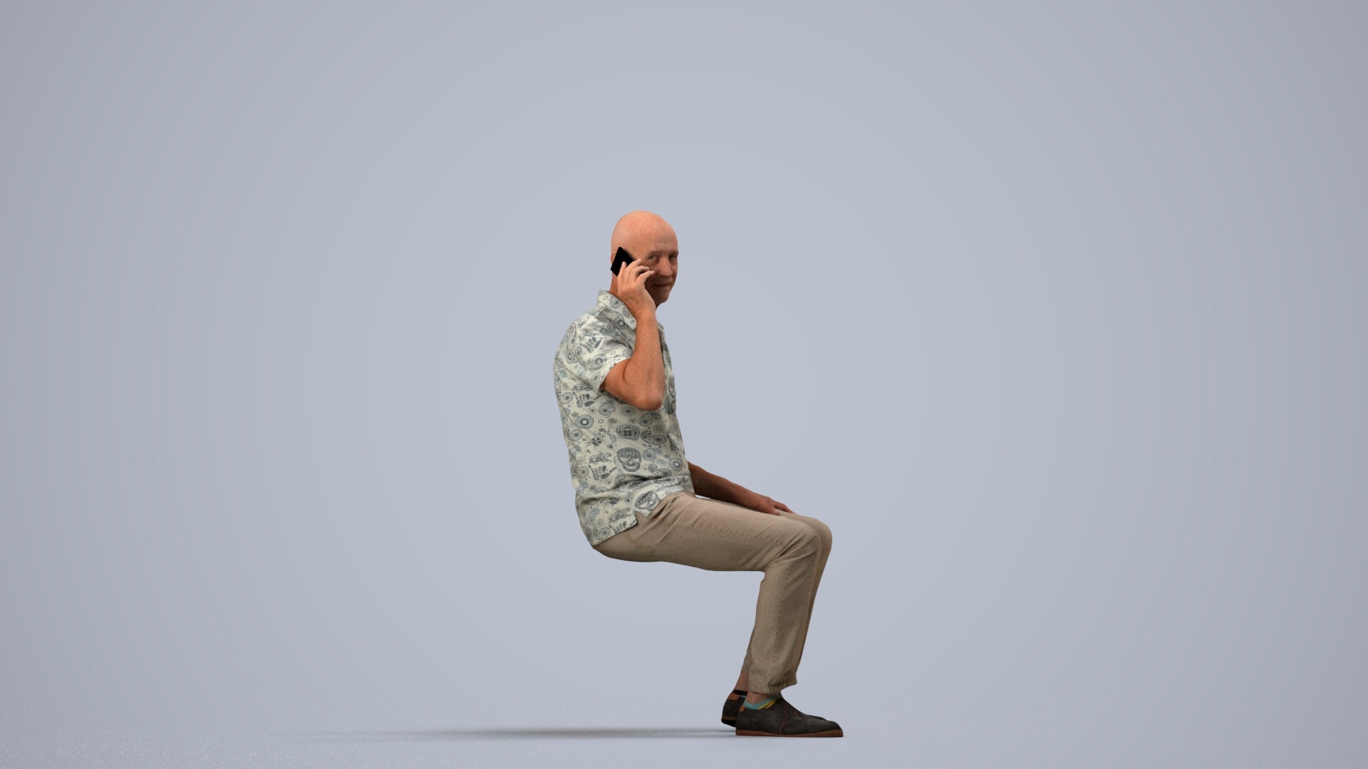 3D scanned senior man sitting casual, photorealistic archviz people for Enscape and SketchUp, side view render