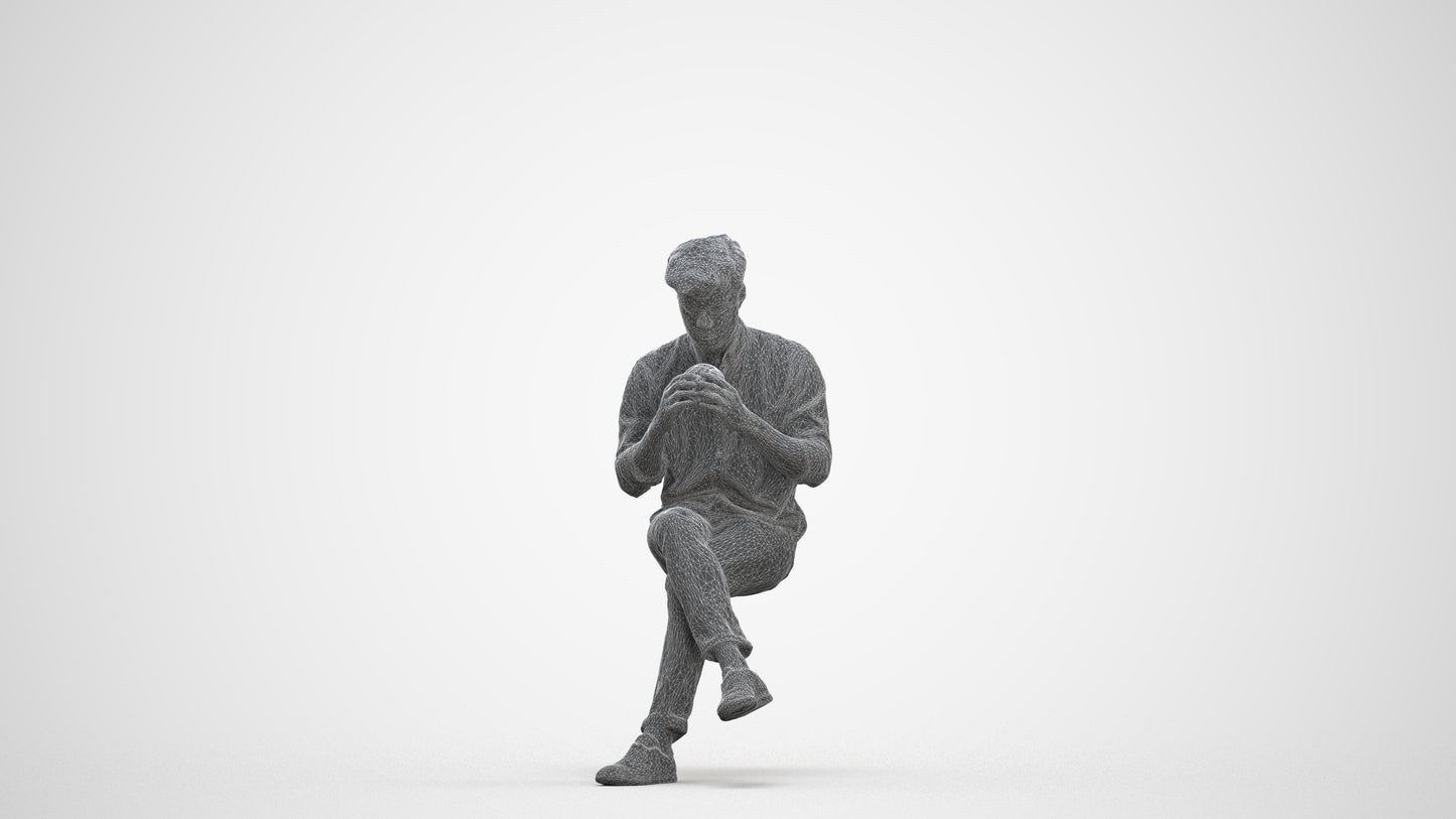 realistic 3D human man casual sitting, archviz people FBX OBJ for Blender, three-quarter front view render