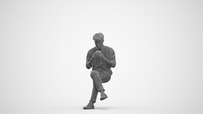 realistic 3D human man casual sitting, archviz people FBX OBJ for Blender, three-quarter front view render