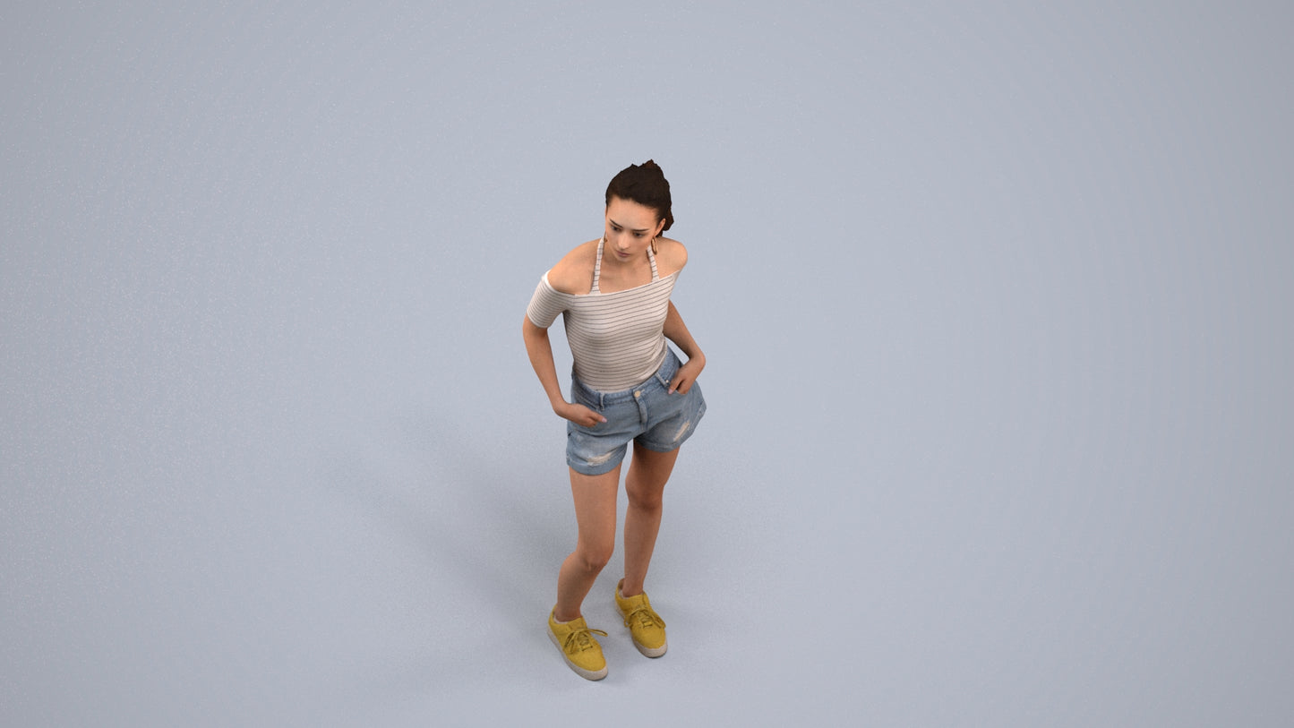 3D human model woman casual standing, photogrammetry scanned person for archviz, back view render
