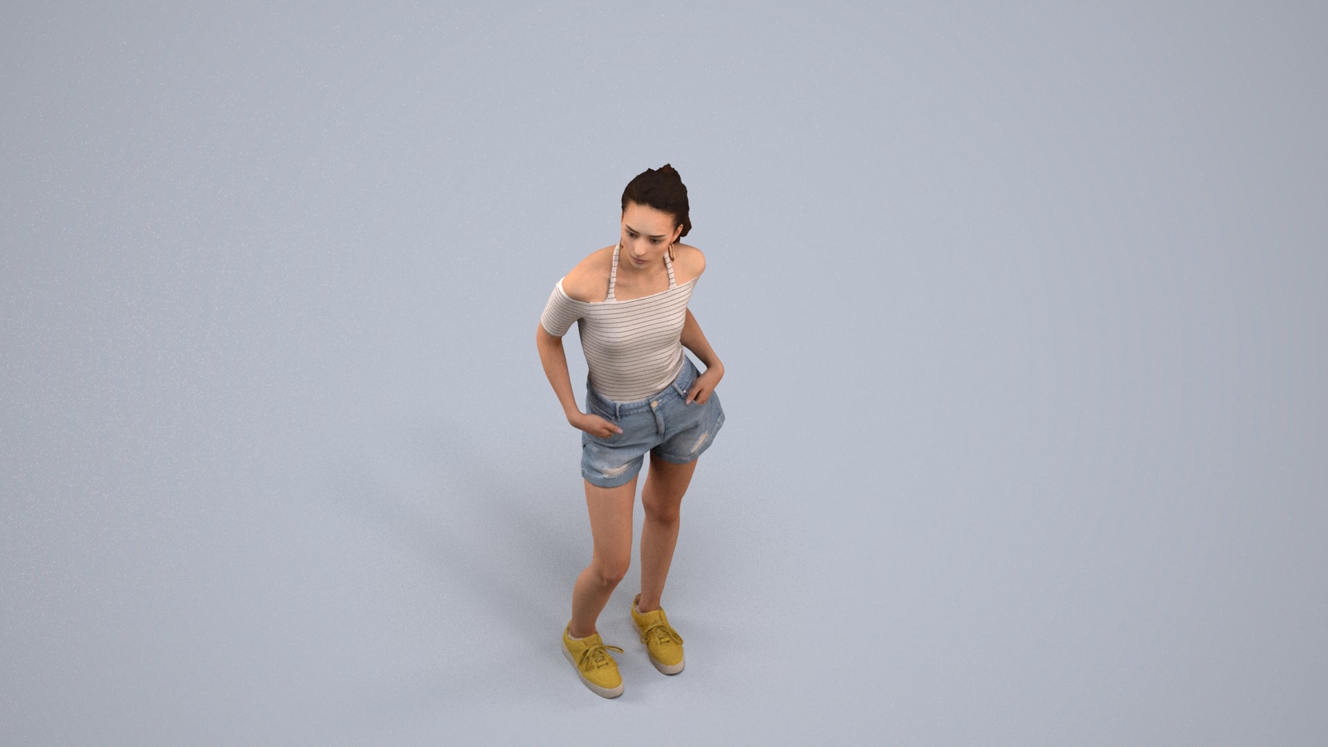 3D human model woman casual standing, photogrammetry scanned person for archviz, back view render