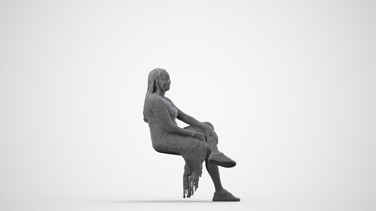 realistic 3D woman casual sitting, scanned archviz people for Blender and 3ds Max, wireframe side view