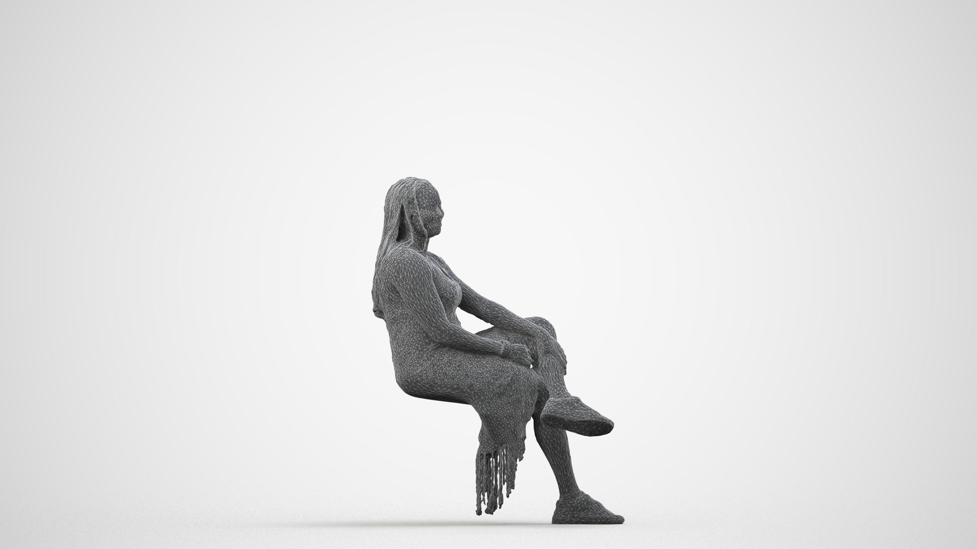 realistic 3D woman casual sitting, scanned archviz people for Blender and 3ds Max, wireframe side view