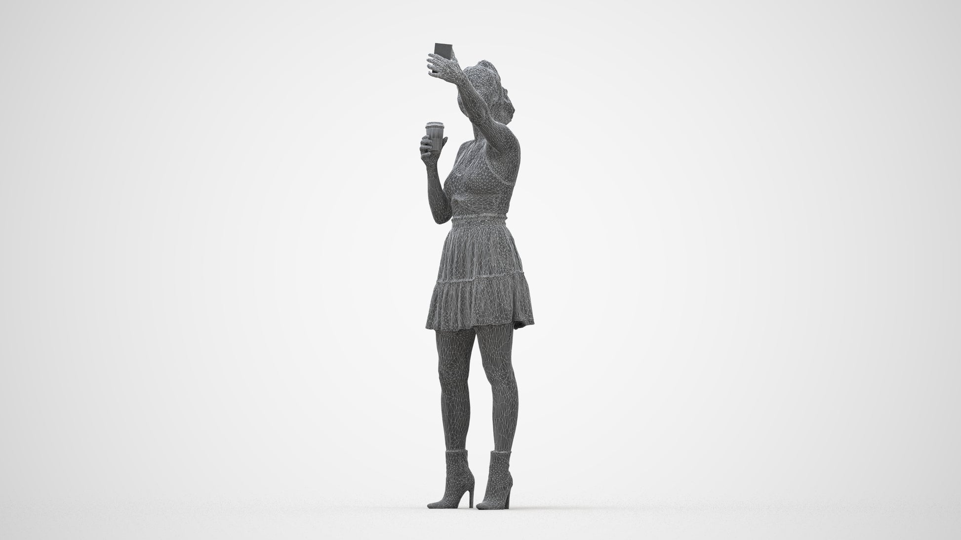 3D human model woman casual standing, photogrammetry scanned person for archviz, wireframe back view
