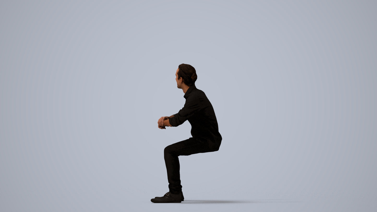 3D human model man casual sitting, photogrammetry scanned person for archviz, three-quarter view render