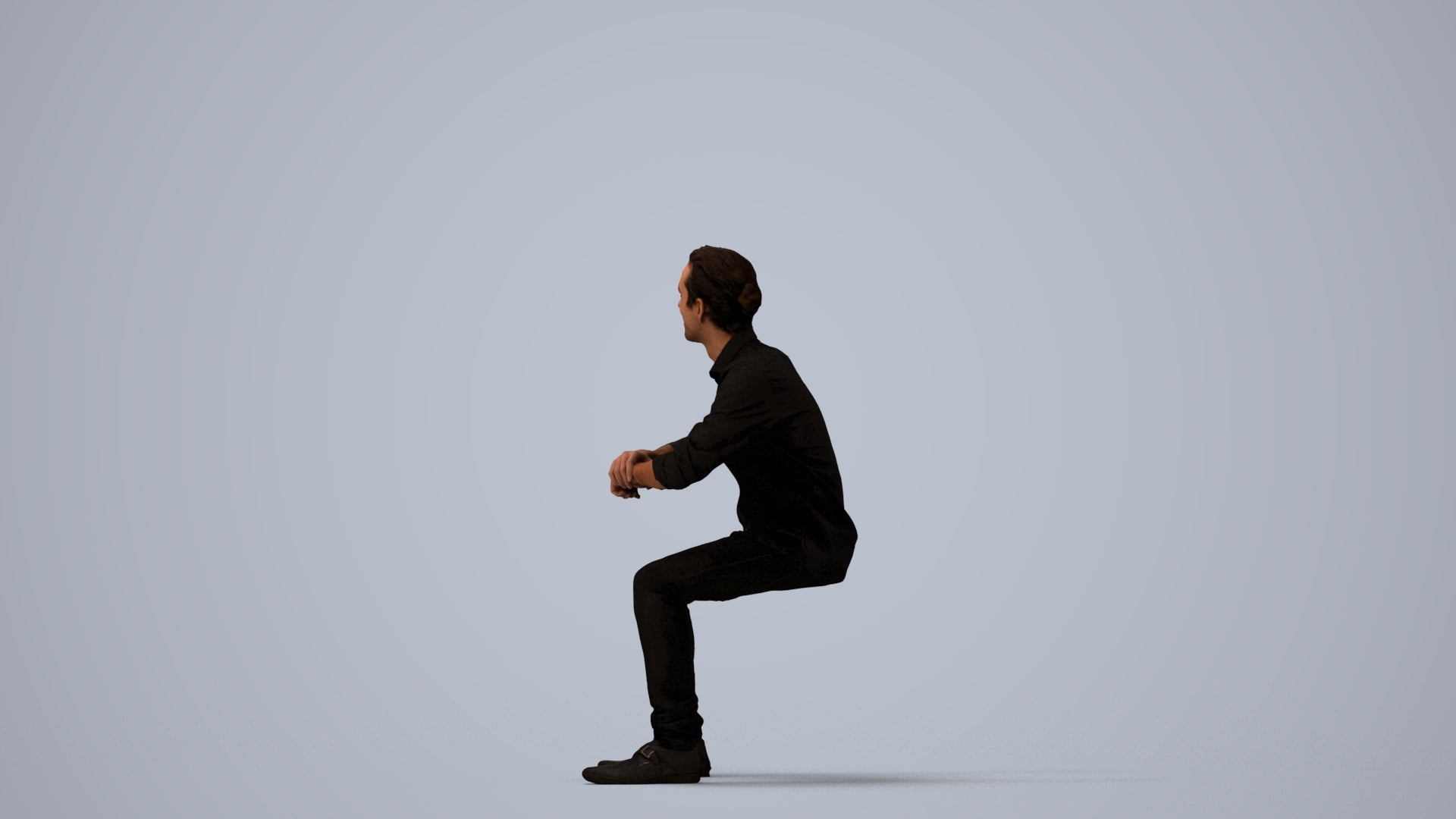 3D human model man casual sitting, photogrammetry scanned person for archviz, three-quarter view render