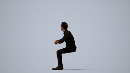 3D human model man casual sitting, photogrammetry scanned person for archviz, three-quarter view render
