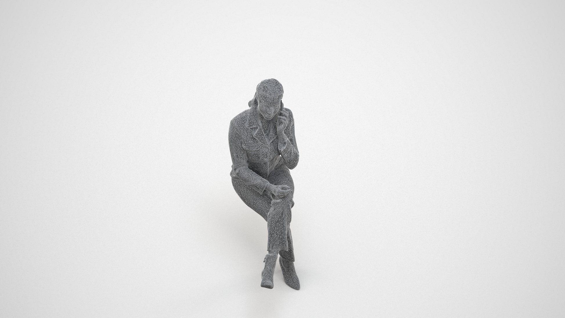 realistic 3D human woman business sitting, archviz people FBX OBJ for Blender, wireframe three-quarter view