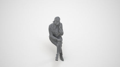 realistic 3D human woman business sitting, archviz people FBX OBJ for Blender, wireframe three-quarter view