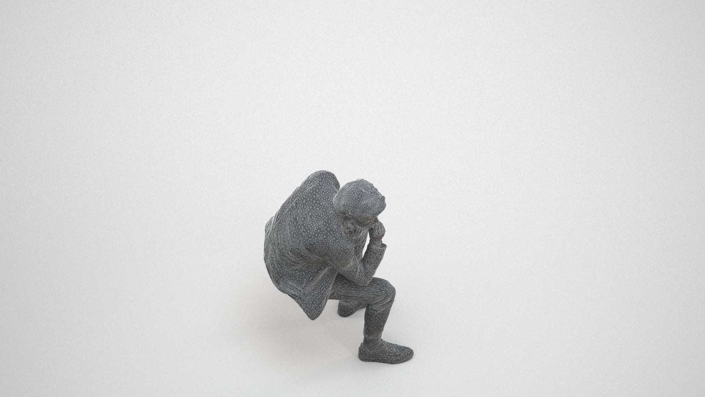 scanned 3D man casual sitting, photogrammetry people for Enscape and V-Ray, wireframe three-quarter view
