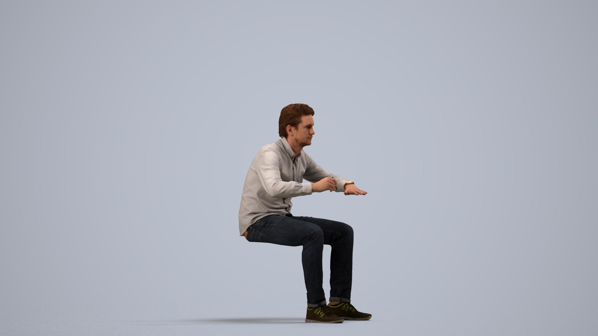3D people model man casual sitting, scanned human for 3ds Max rendering, side view render