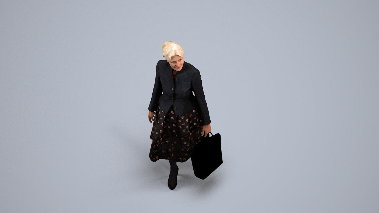 3D scanned senior woman standing business, photorealistic archviz people for Enscape and SketchUp, back view render