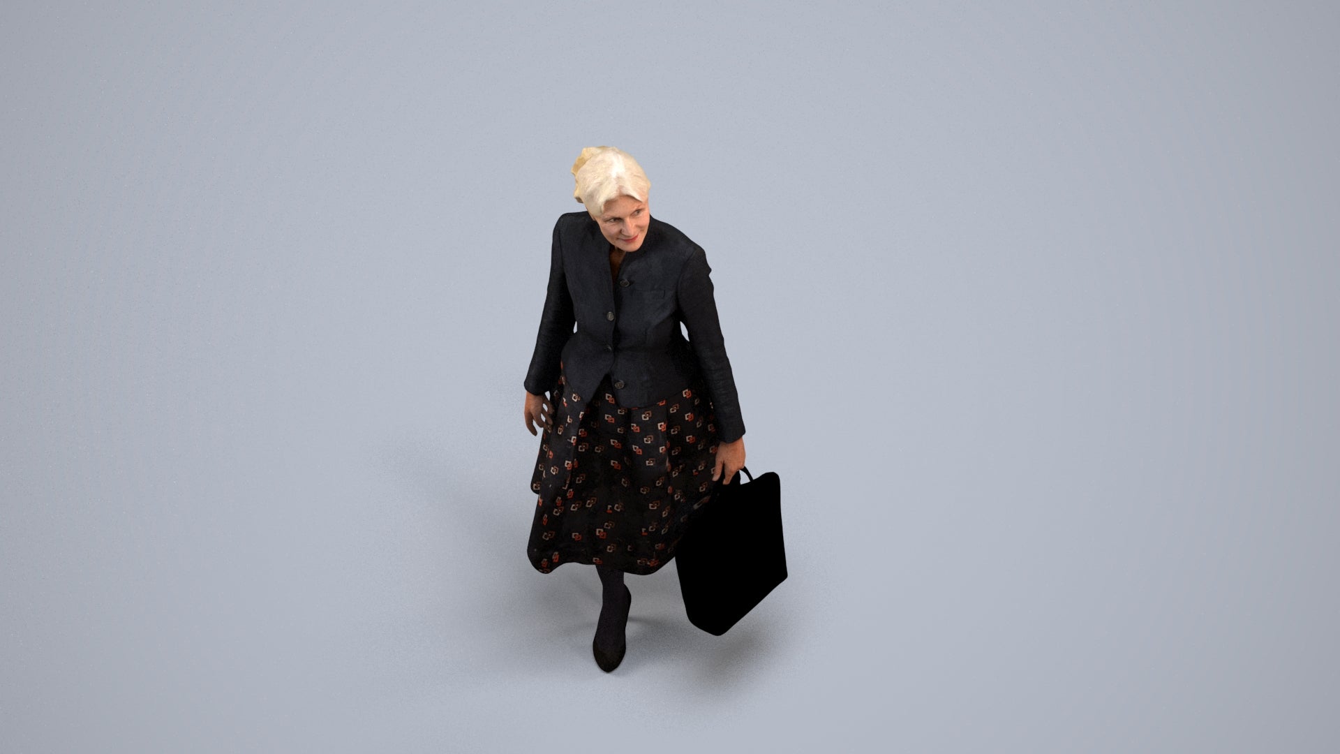 3D scanned senior woman standing business, photorealistic archviz people for Enscape and SketchUp, back view render