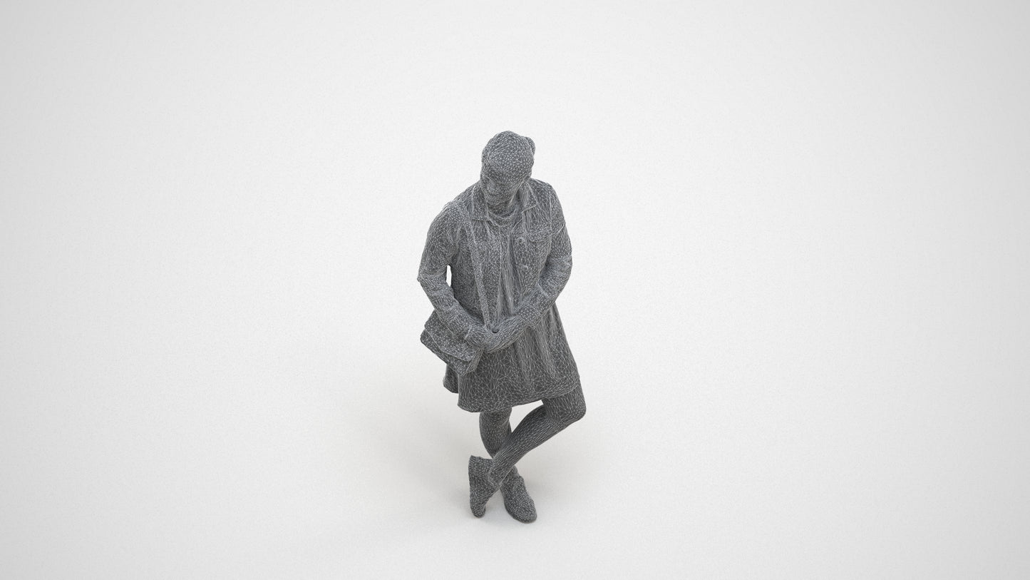 realistic 3D human woman casual standing, archviz people FBX OBJ for Blender, wireframe three-quarter view