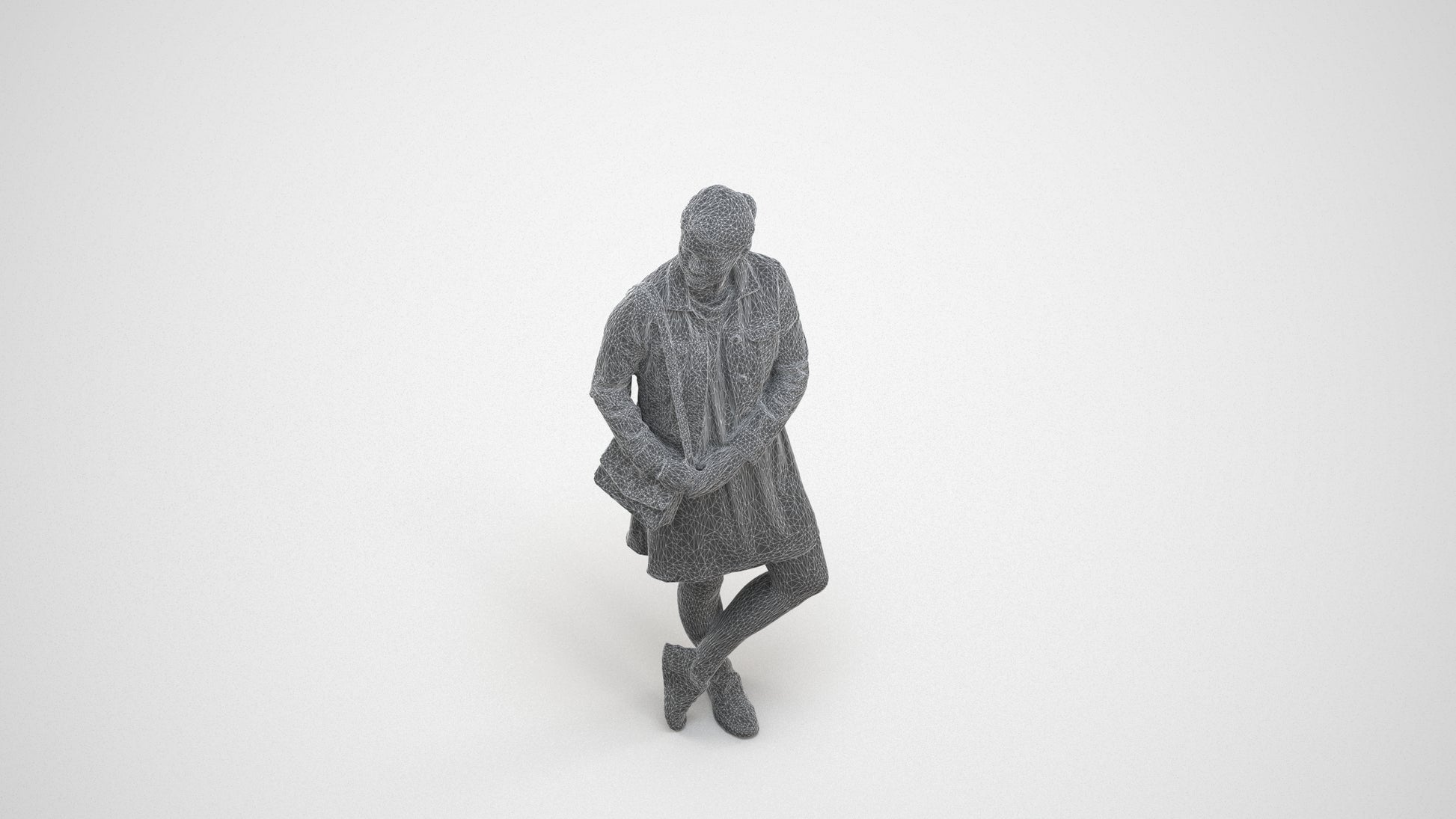 realistic 3D human woman casual standing, archviz people FBX OBJ for Blender, wireframe three-quarter view