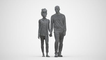 3D human model woman casual couple, photogrammetry scanned person for archviz, three-quarter front view render