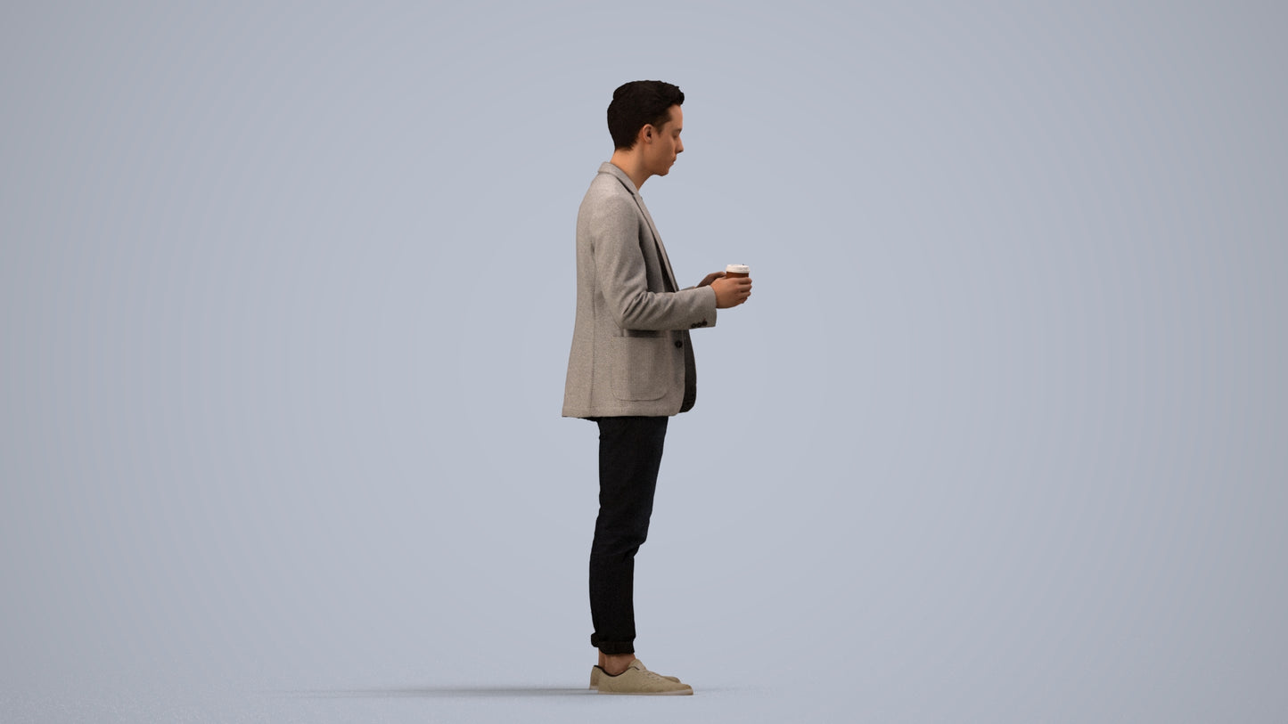 3D human model man business standing, photogrammetry scanned person for archviz, side view render