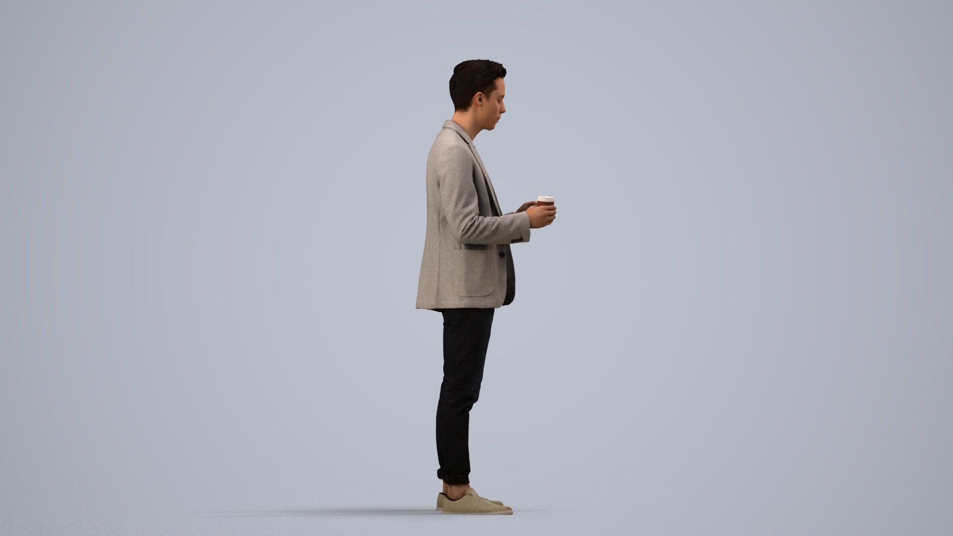 3D human model man business standing, photogrammetry scanned person for archviz, side view render