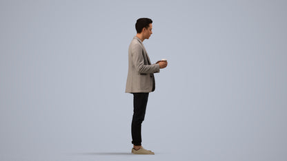 3D human model man business standing, photogrammetry scanned person for archviz, side view render