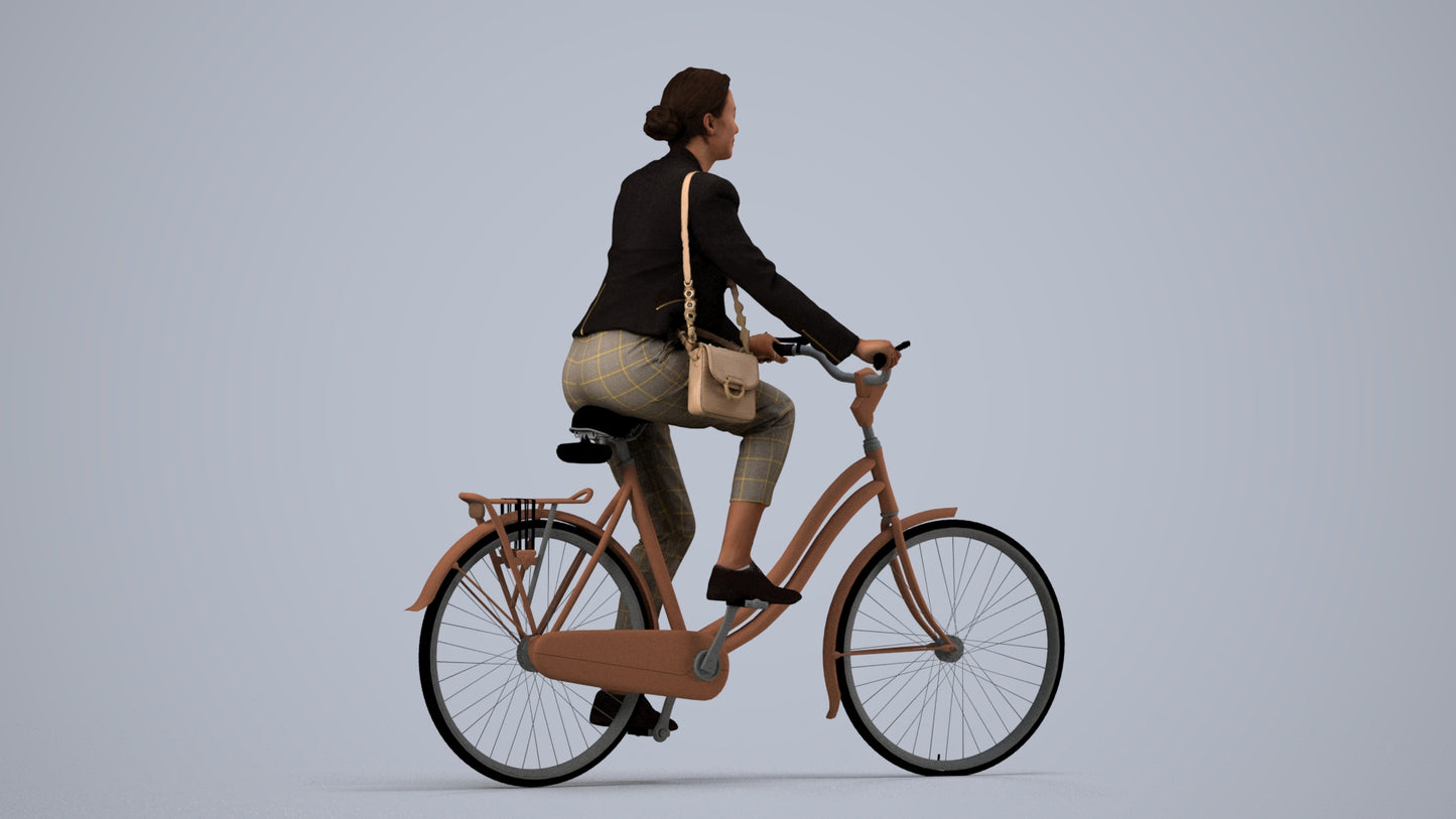 realistic 3D woman business cycling, scanned archviz people for Blender and 3ds Max, side view render