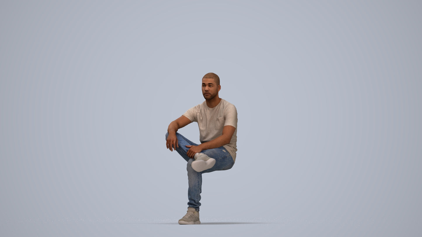 3D human model man casual sitting, photogrammetry scanned person for archviz, top-down view render