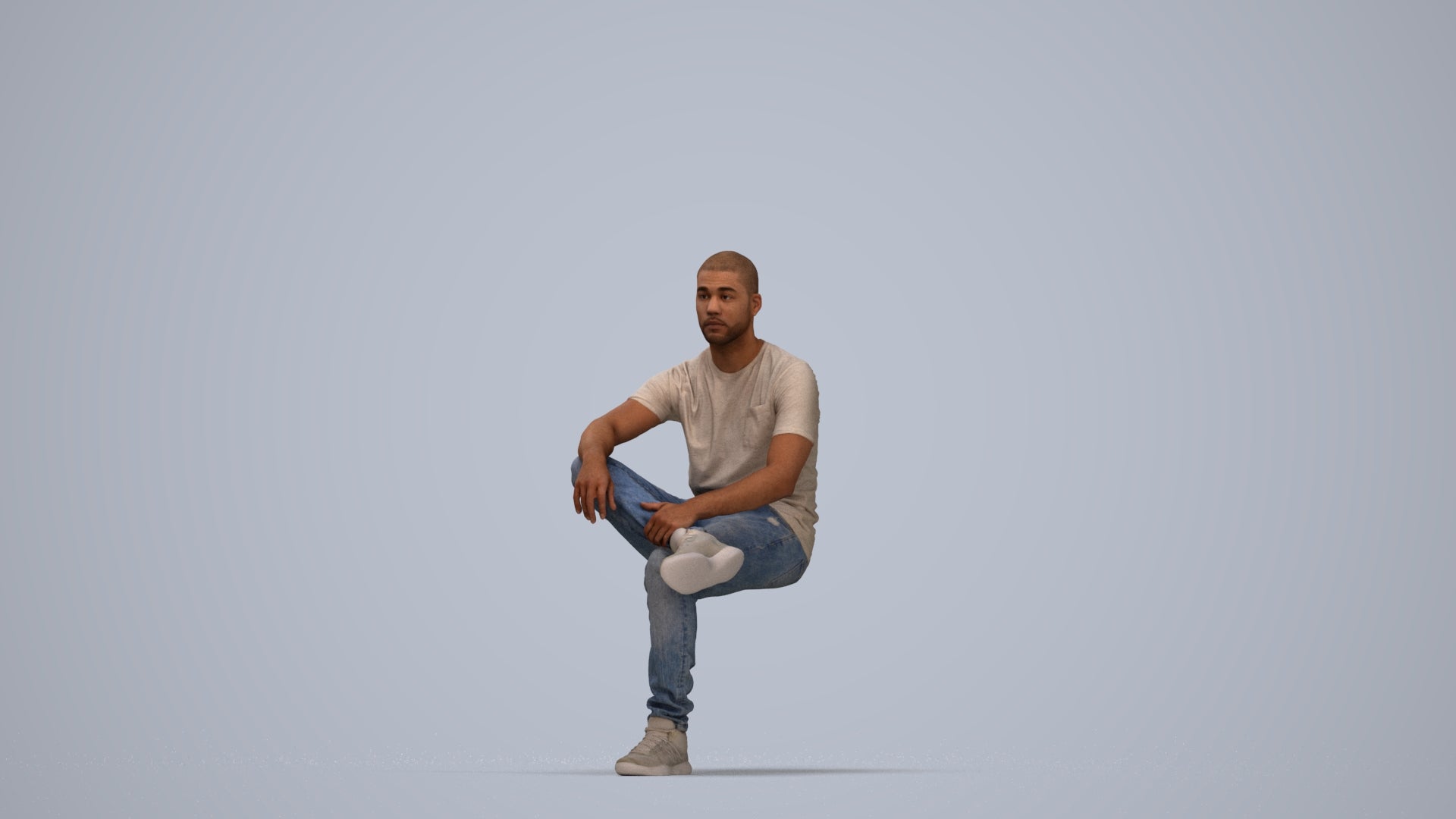 3D human model man casual sitting, photogrammetry scanned person for archviz, top-down view render
