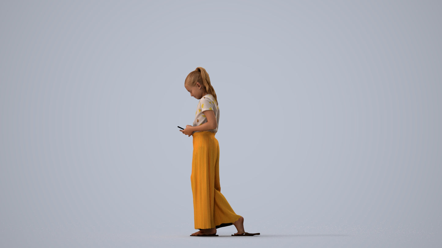 3D human model woman casual kids, photogrammetry scanned person for archviz, three-quarter view render