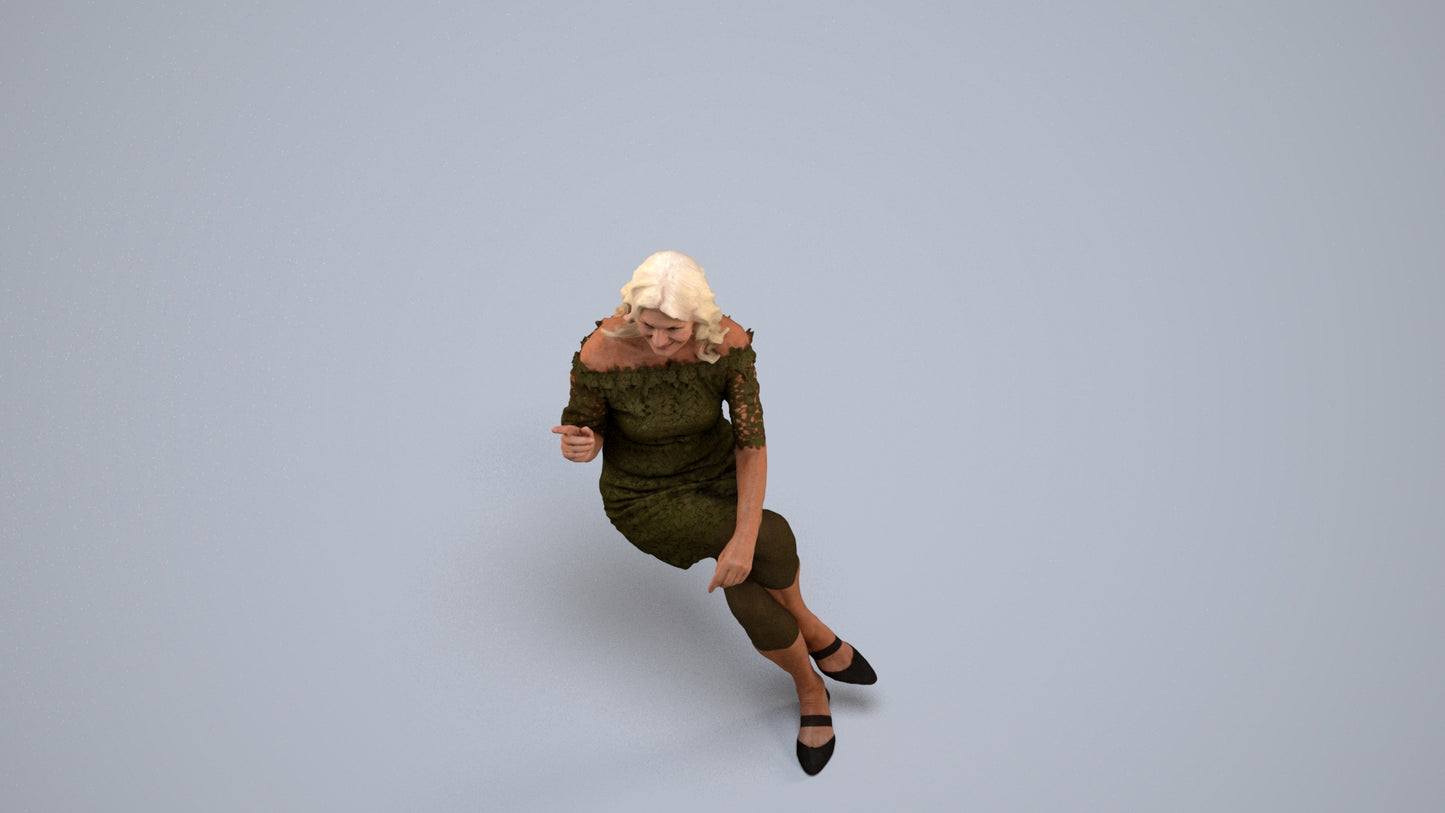 3D human model senior woman casual sitting, photogrammetry scanned person for archviz, back view render
