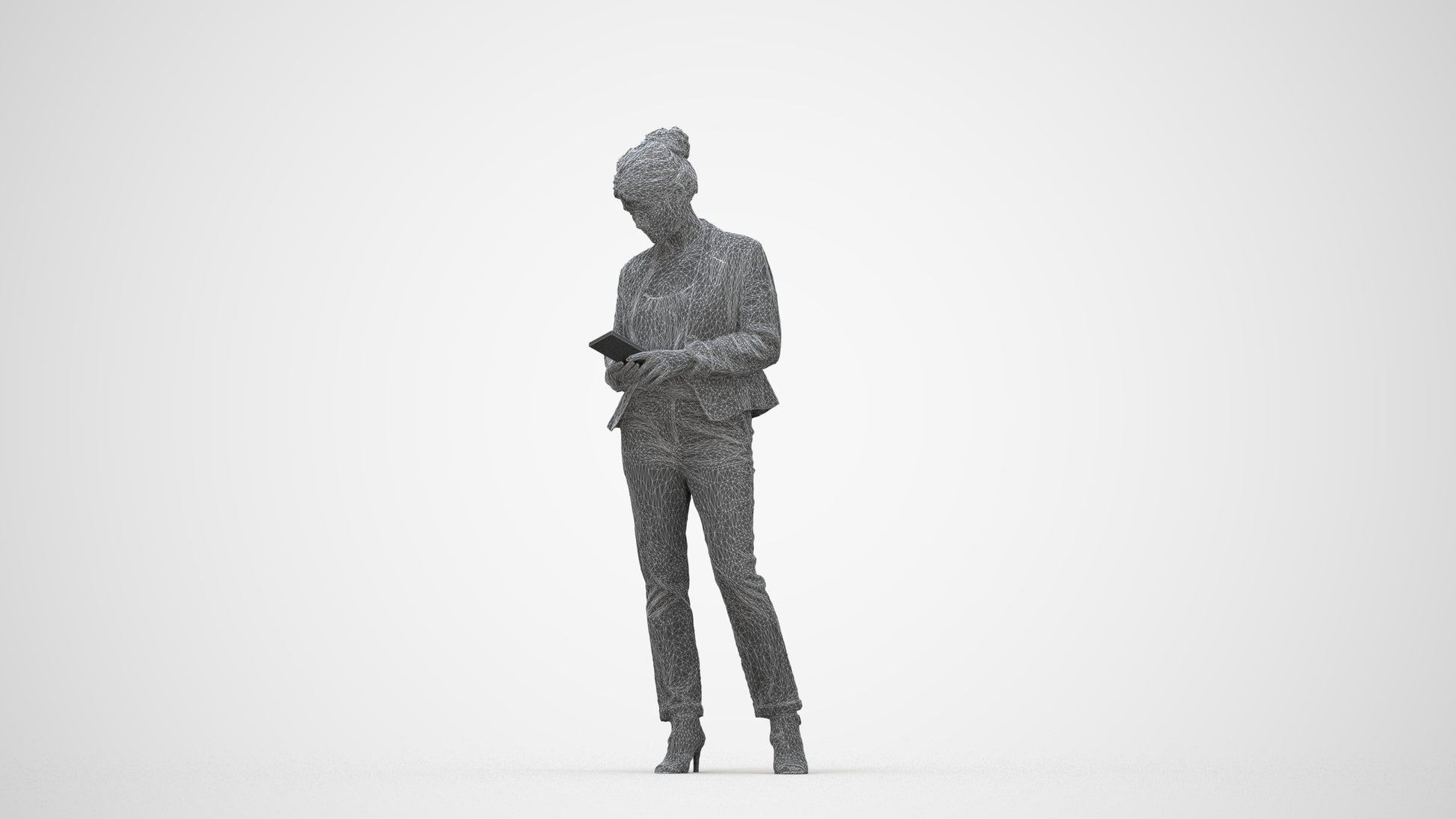 3D people model woman business standing, scanned human for 3ds Max rendering, wireframe back view