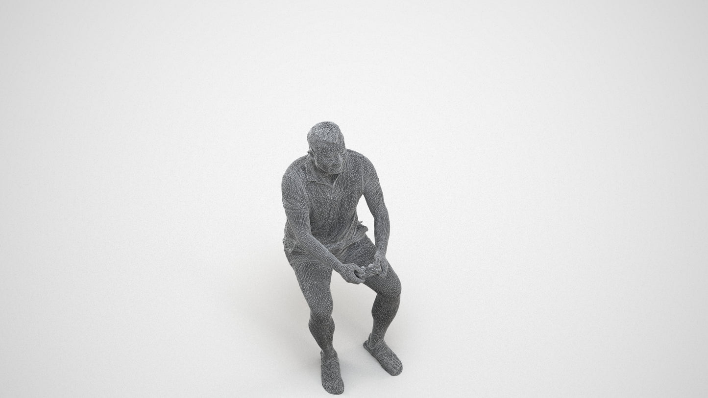 realistic 3D people man casual sitting, render-ready for V-Ray and Corona, FBX OBJ, wireframe three-quarter view