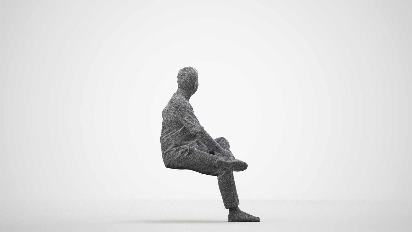 photogrammetry 3D man casual sitting, realistic human model archviz FBX, wireframe side view