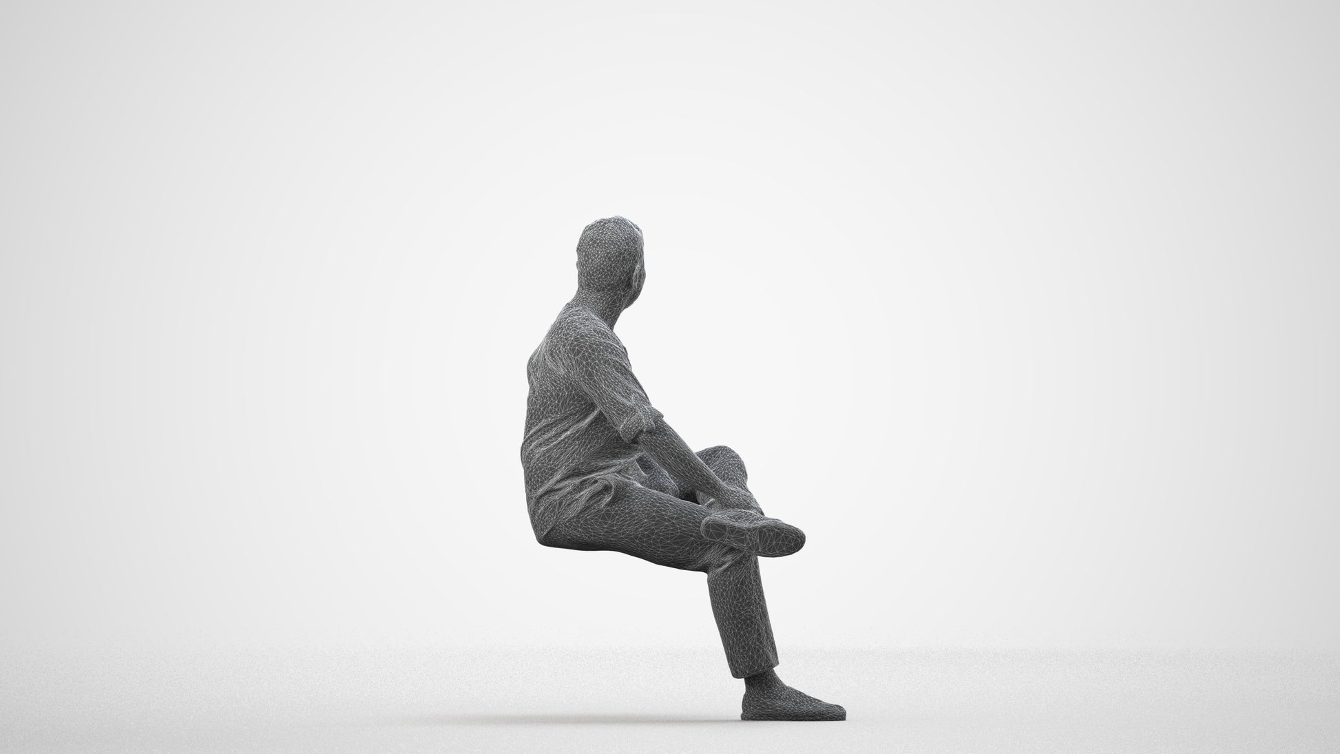 photogrammetry 3D man casual sitting, realistic human model archviz FBX, wireframe side view