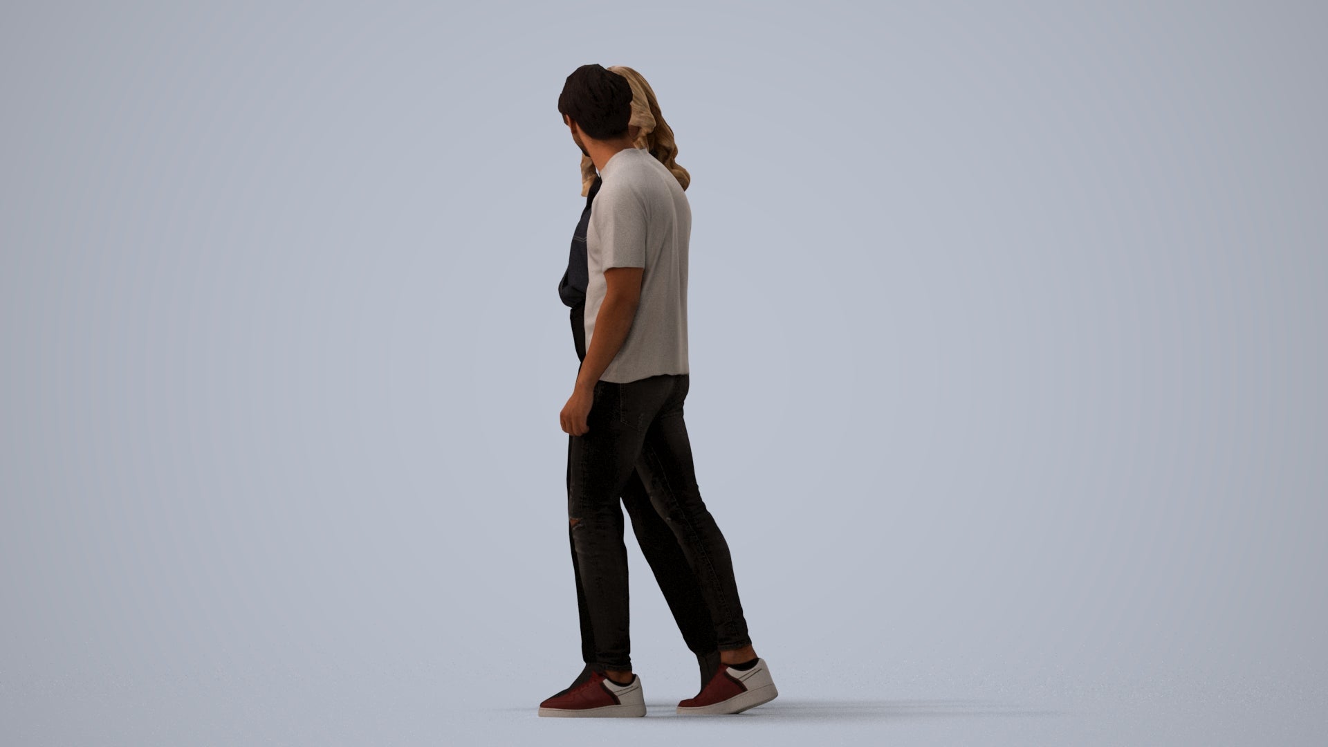 3D human model woman casual couple, photogrammetry scanned person for archviz, three-quarter view render