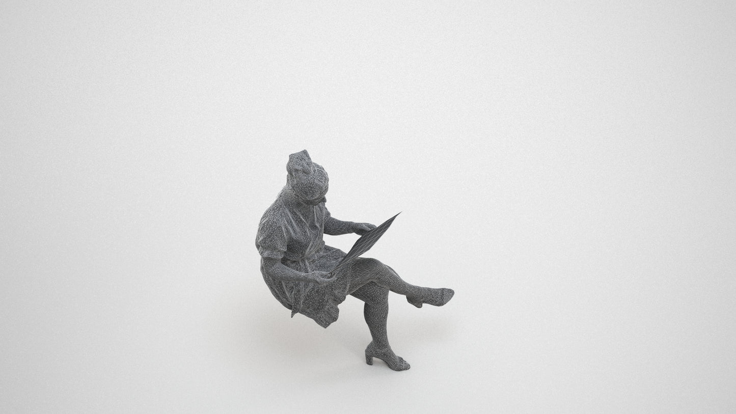 photogrammetry 3D woman casual sitting, realistic human model archviz FBX, wireframe three-quarter view