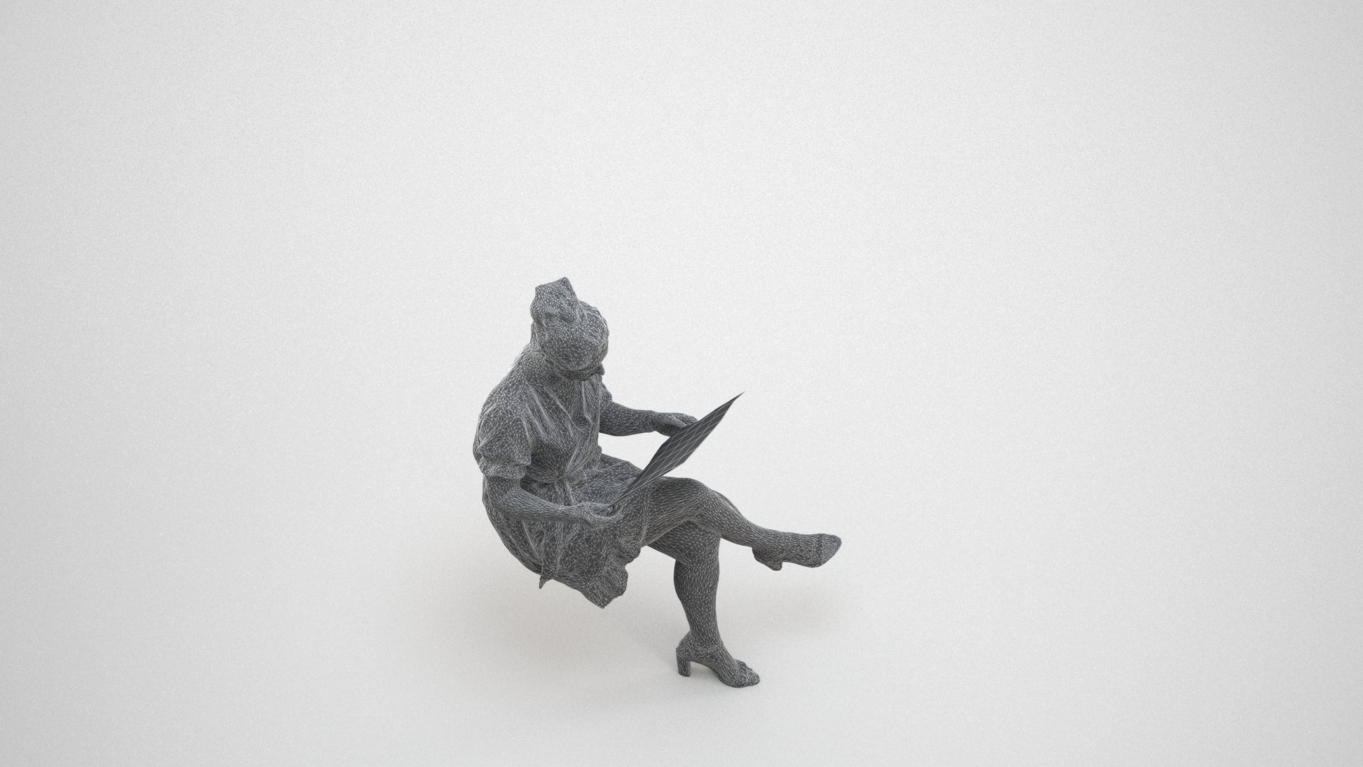 photogrammetry 3D woman casual sitting, realistic human model archviz FBX, wireframe three-quarter view
