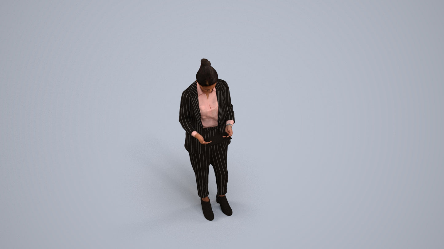 realistic 3D woman business standing, scanned archviz people for Blender and 3ds Max, back view render