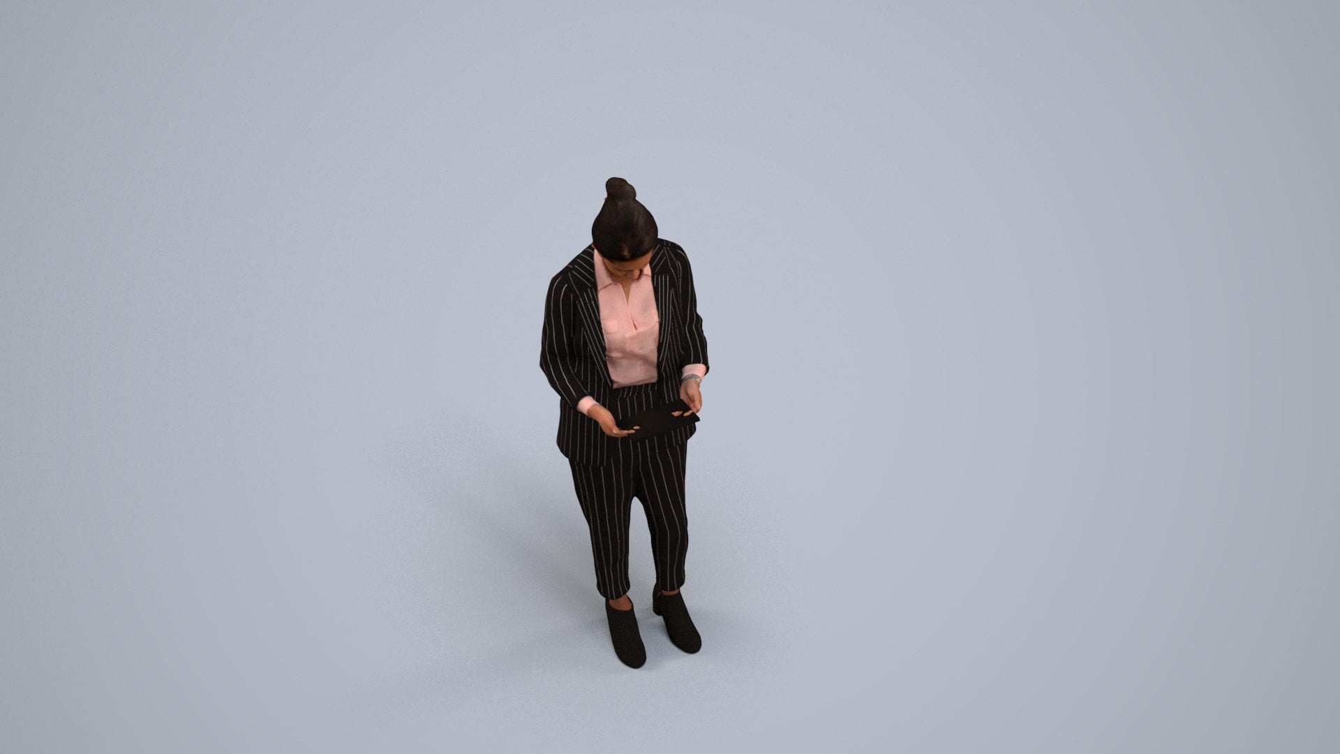 realistic 3D woman business standing, scanned archviz people for Blender and 3ds Max, back view render