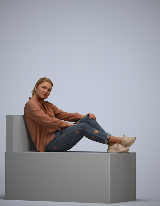 realistic 3D woman casual sitting, scanned archviz people for Blender and 3ds Max