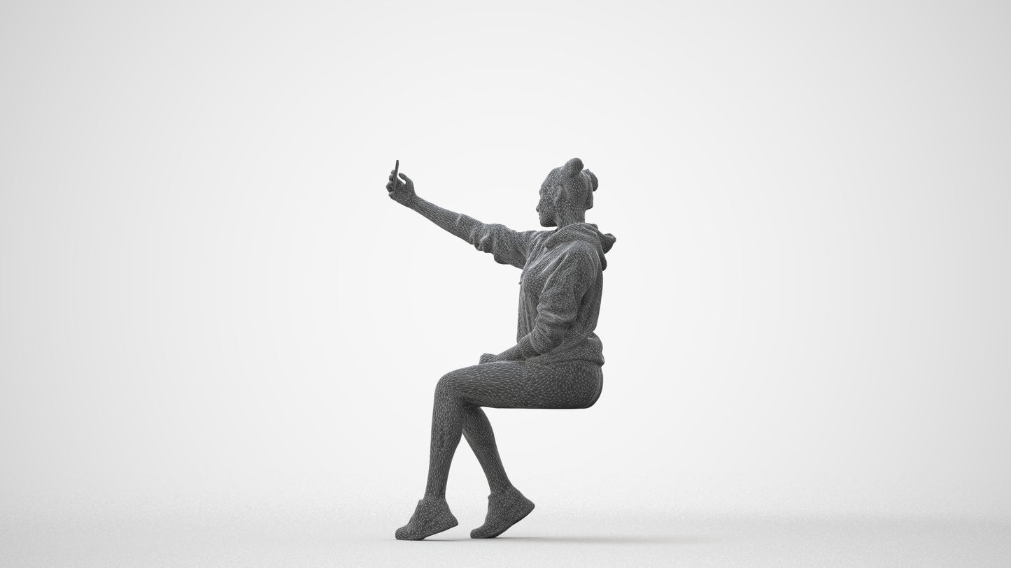 scanned 3D woman casual sitting, photogrammetry people for Enscape and V-Ray, square thumbnail