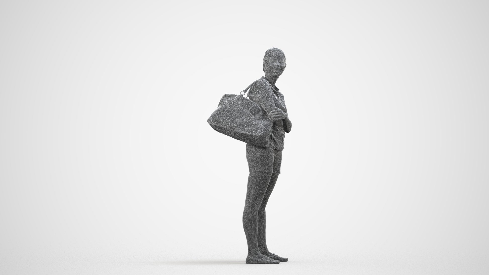 3D people model woman casual standing, scanned human for 3ds Max rendering, wireframe side view