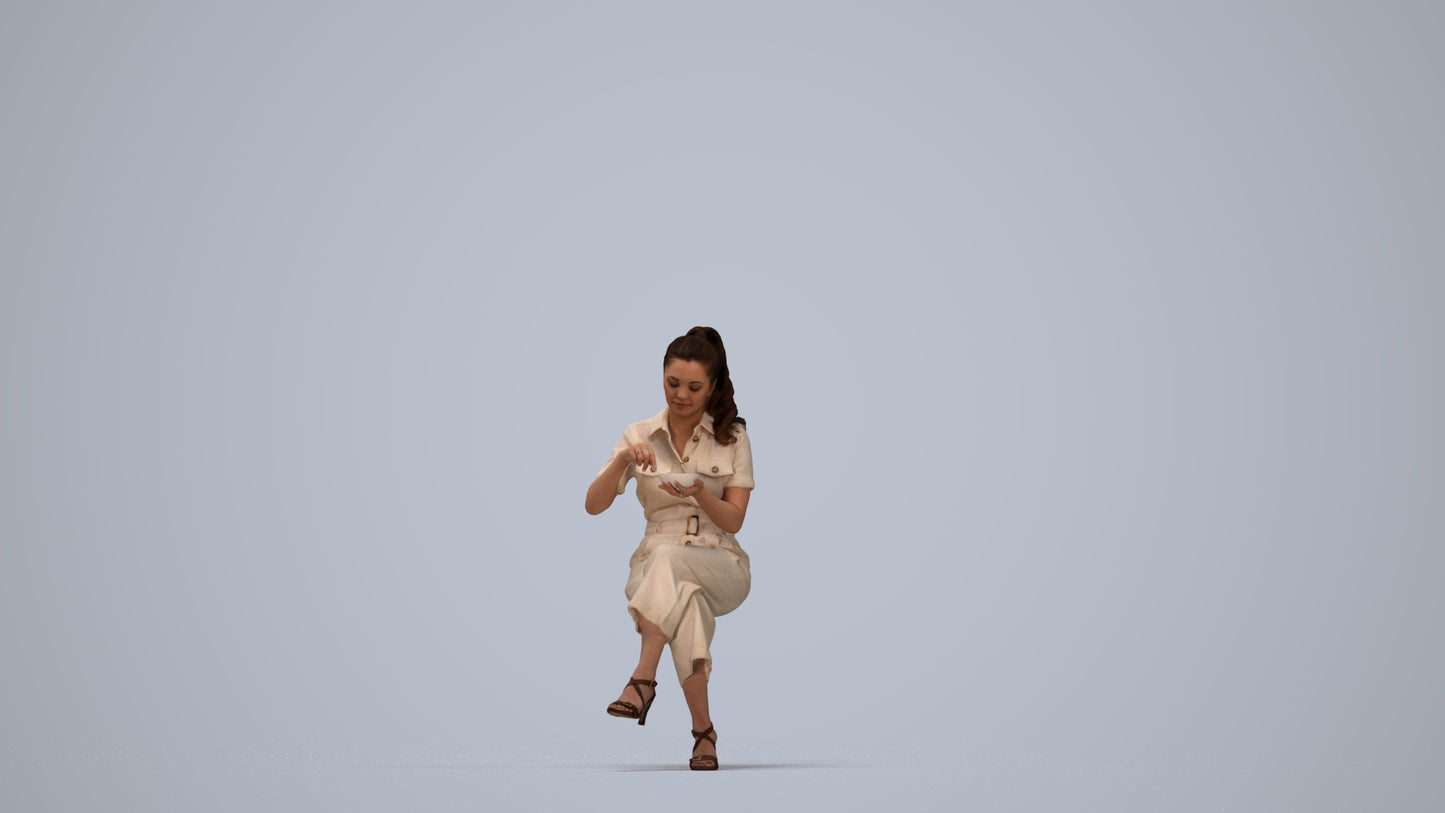 3D scanned woman sitting casual, photorealistic archviz people for Enscape and SketchUp, top-down view render