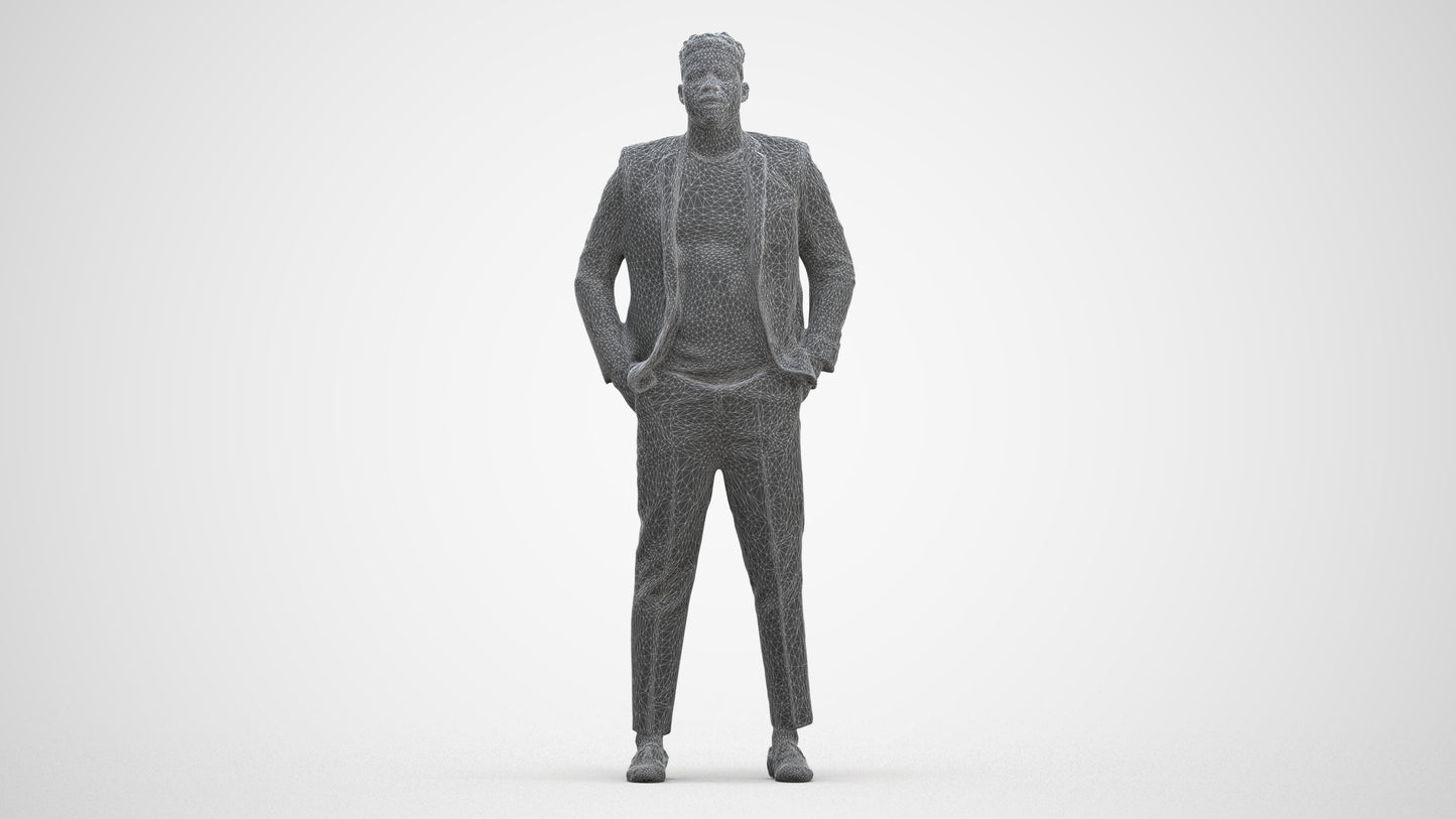 3D human model man casual formalaffairs, photogrammetry scanned person for archviz, three-quarter front view render