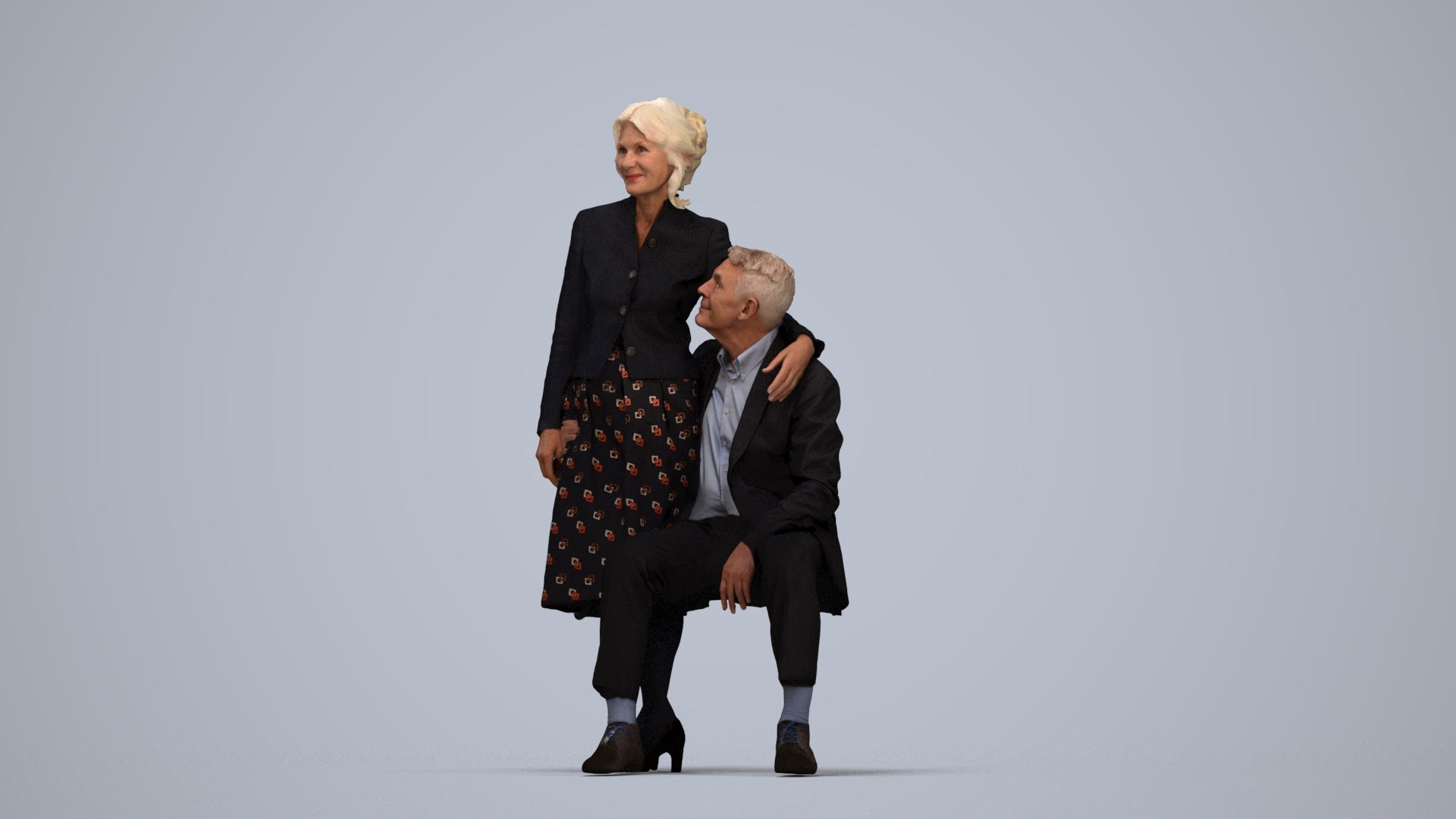 realistic 3D human senior woman formal couple, archviz people FBX OBJ for Blender, top-down view render